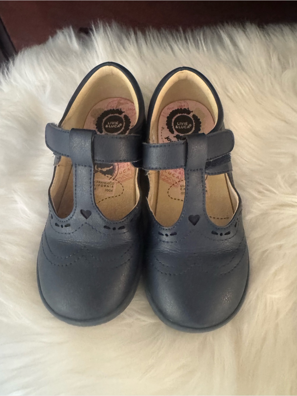 Livie & Luca Navy Leather T-Strap Mary Janes with Heart Cutouts